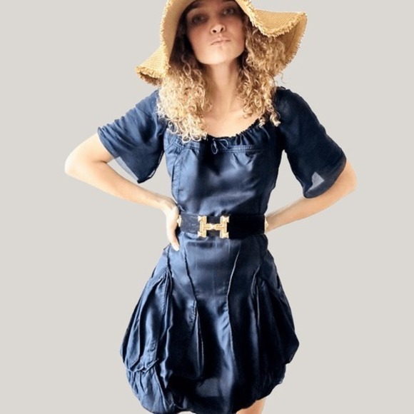 RARE Vintage Marithe + Franois Girbaud Designer Silk Lined Navy Bohemian Dress - Picture 1 of 12